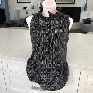 J.Crew Sleeveless Ruffle Collar Pull-On Blouse Herringbone Print Blk Wht Sz M